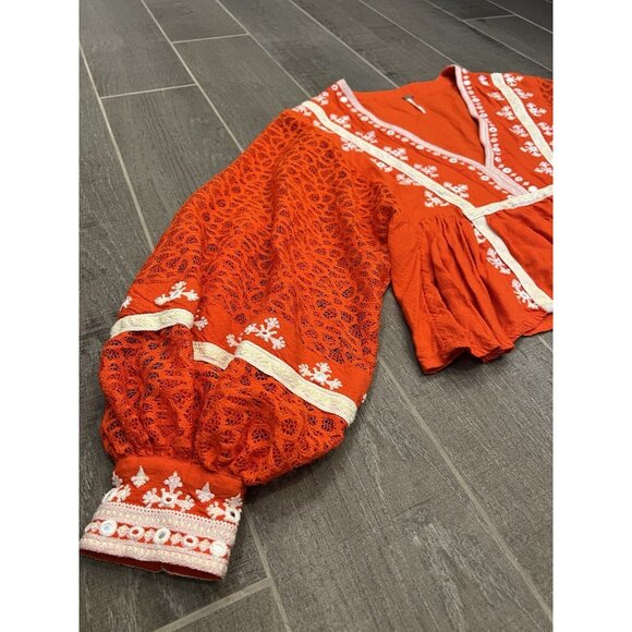 Free People Blouse boogie all night Size XS Crop top Embroidery Lace Red V Neck - Picture 9 of 16